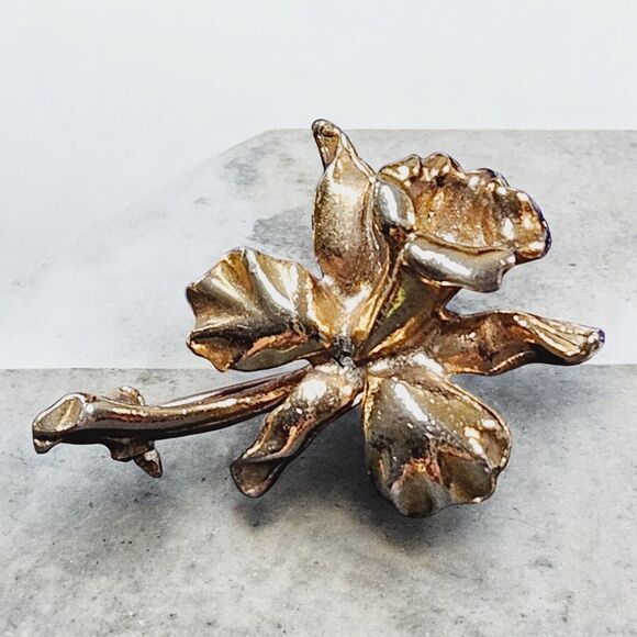 Vtg Jack In The Pulpit Screw Earrings Matching Brooch Set Gold Tone Iris Bundle - Picture 5 of 14